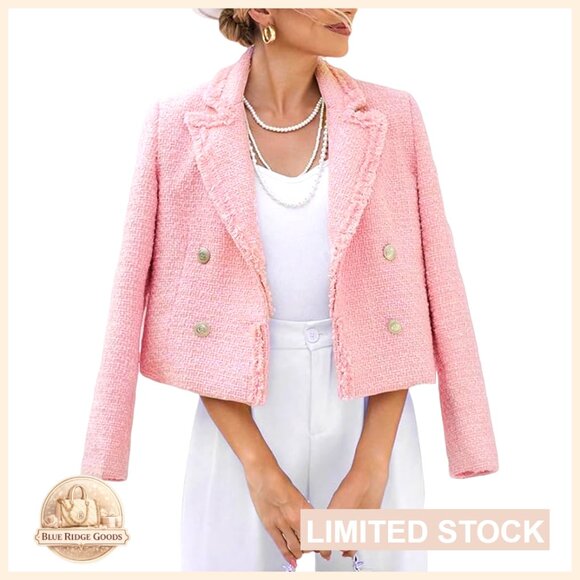 Tweed Blazer Jacket Elegant Cropped Fringe Trim Business Casual Fully Lined - Picture 1 of 7